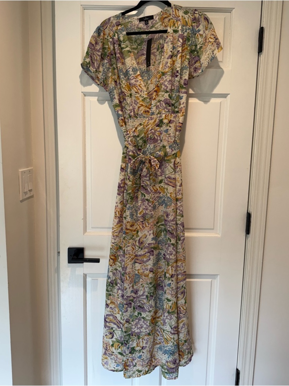 Lulus Feels Magical Ivory Floral Print Short Sleeve Wrap Maxi Dress - Medium